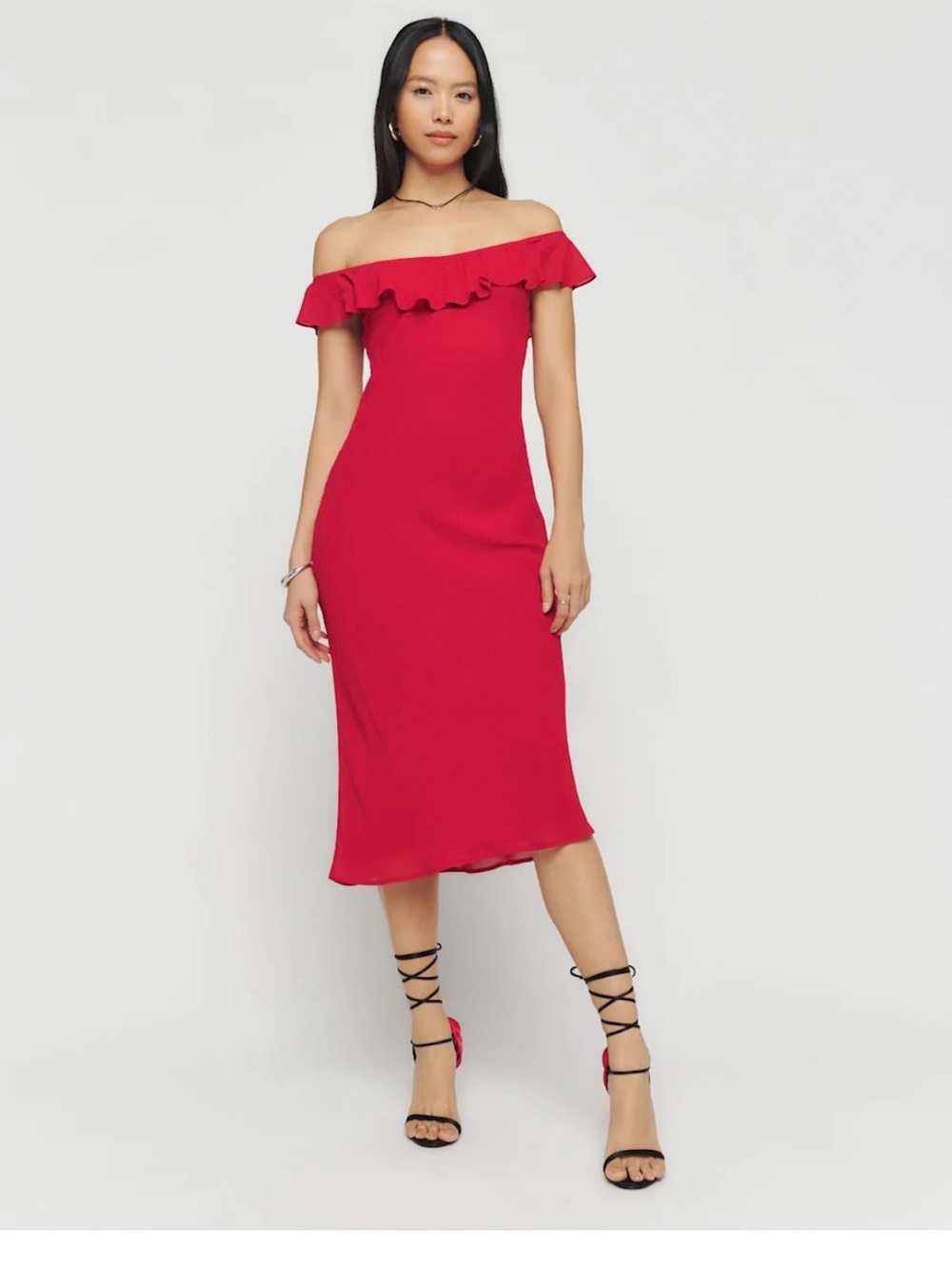 Reformation Red Off-Shoulder Ruffle Midi Dress